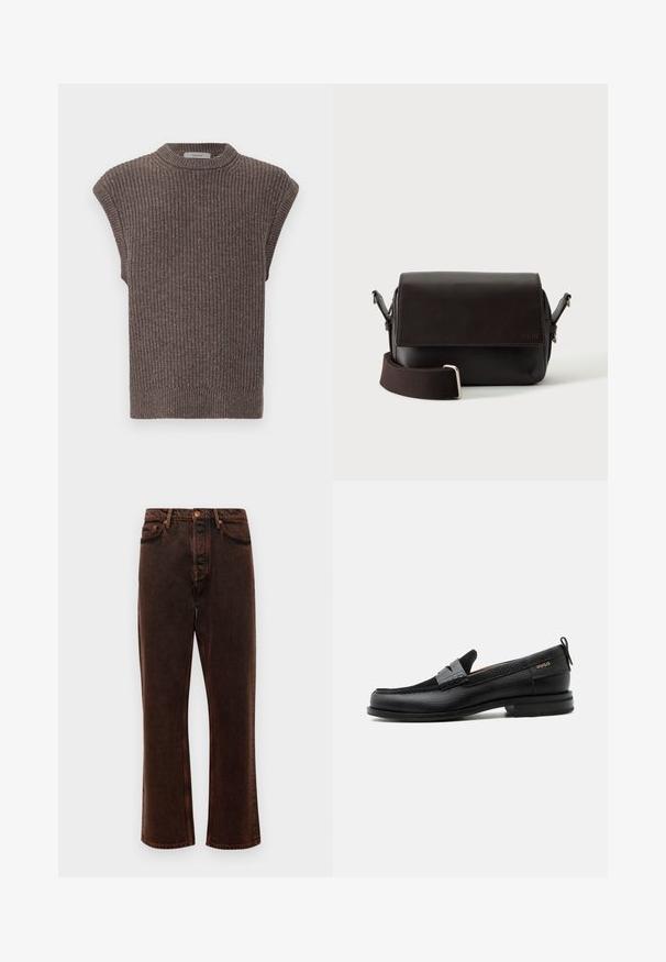 Brun strikket ærmeløs top med ribbet tekstur, høj krave og sideslidser. Har en tætsiddende kant og blødt stof.; Brune denim jeans med lige pasform, fem lommer og klassisk knaplukning. Stoffet har en glat, tekstureret overflade.; Sort læderloafer med grå remdetalje, lav hæl og tekstureret sål, mærket med "HUGO" i guld på siden.; Mørkebrun lædertaske med flaplukning og justerbar stofrem på hvid baggrund.