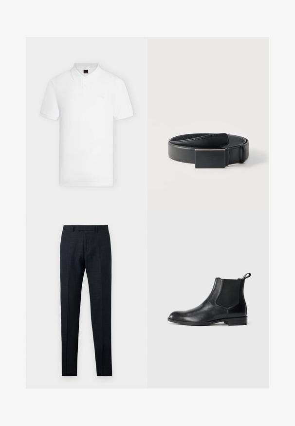 Polo blanc à manches courtes avec col et patte à deux boutons, avec une broderie discrète du logo sur la poitrine gauche.; Pantalon habillé slim noir pour homme avec motif texturé subtil, passants pour ceinture et plis avant, présenté sur un fond uni.; Bottine en cuir noir avec des panneaux latéraux élastiques, bout rond et tirette. Texture lisse, semelle plate, design minimaliste.; Ceinture en cuir noir enroulée avec une boucle noire mate rectangulaire et un logo embossé discret sur fond blanc.