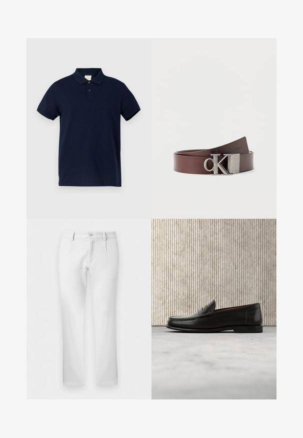 Mørkeblå polo-shirt lavet af bomuld, med klassisk krave, tre-knap lukning og korte ærmer. Diskret logo på brystet.; Hvide bukser med lige ben, bæltestropper, knaplukning og forreste læg på en ensfarvet baggrund.; Sort læder penny loafer med lav hæl, rundet tå og syningsdetaljer langs fronten og siderne, vist på neutral baggrund.; Brunt læderbælte snoet med metalisk "CK" logo-spænde, minimalistisk design på ensfarvet hvid baggrund.