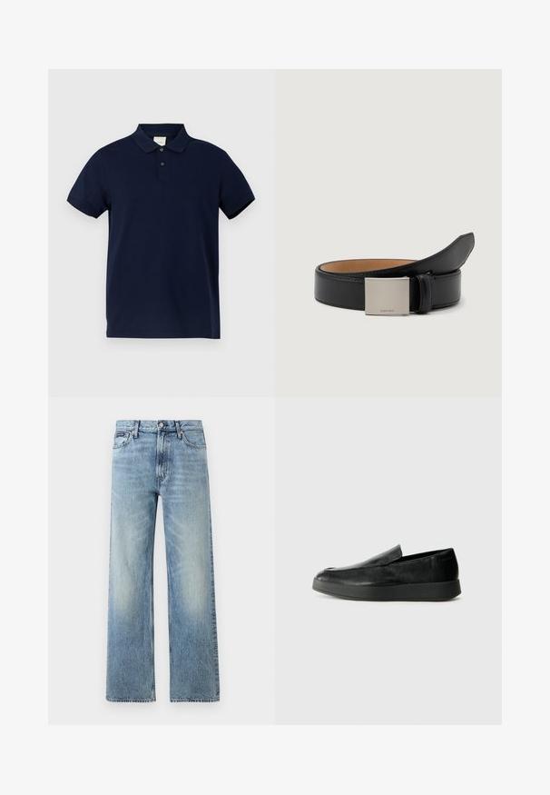 Mørkeblå polo-shirt lavet af bomuld, med klassisk krave, tre-knap lukning og korte ærmer. Diskret logo på brystet.; Lyseblå denim jeans med lige ben, højt talje, fem lommer, knaplukning og diskrete falmede områder på lår og knæ.; Calvin Klein HYBRID CUP - Loafers - triple black; Sort læderbælte med en glat finish, der har en sølv firkantet spænde med indgraveringen "Calvin Klein" og en brun indvendig foring.
