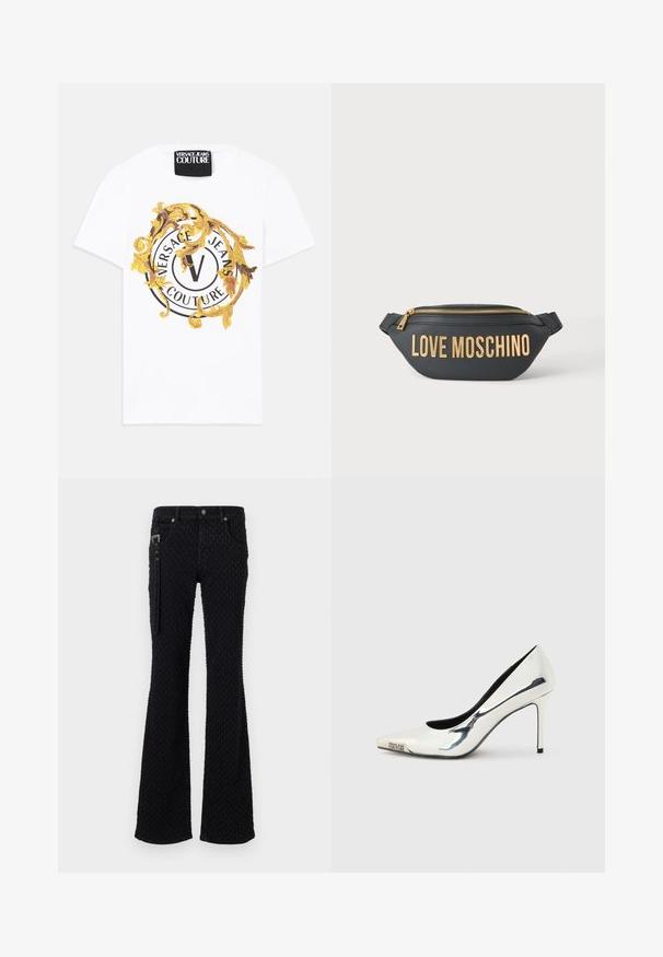 Camiseta blanca de algodón con un gráfico redondo que presenta motivos en negro y dorado, incluyendo un logo circular y elementos decorativos.; Jeans negros de campana con una tela texturizada y un patrón sutil, accesorios de metal plateado y bolsillos frontales. Detalle con cremallera en el costado.; Zapato de tacón alto plateado metálico con punta en pico y tacón de aguja delgado, con el logo "Versace Jeans Couture" en la punta del zapato.; Riñonera de cuero negro con cremallera dorada y grandes letras doradas "LOVE MOSCHINO" en el frontal.