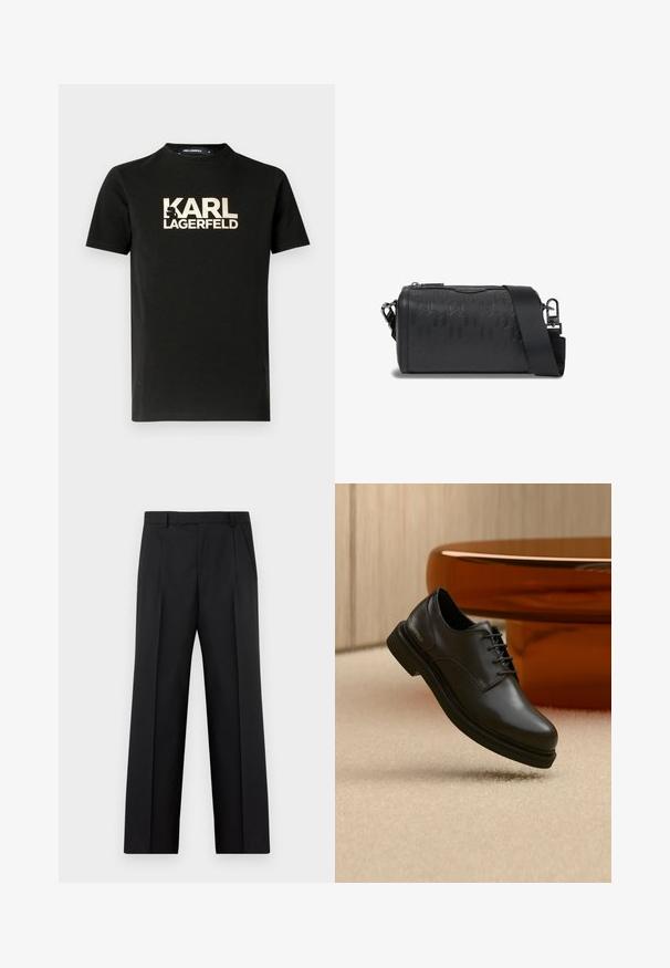 Μαύρο βαμβακερό t-shirt με κοντά μανίκια και λαιμόκοψη crew. Διακοσμημένο με χρυσή εκτύπωση λογοτύπου "KARL LAGERFELD" με σκιαγραφημένο σχέδιο.; Μαύρο, καλοραμμένο παντελόνι με ίσια γραμμή, εμπρόσθιες πιέτες, πλαϊνές τσέπες και ζώνη με θηλιές, εμφανιζόμενο επίπεδα σε λευκό φόντο.; Μαύρο δερμάτινο παπούτσι με κορδόνια που αιωρείται πάνω από μπεζ χαλί με γυαλιστερό καφέ στρογγυλεμένο αντικείμενο στο παρασκήνιο.; Μαύρη κυλινδρική τσάντα χιαστή με ανάγλυφο γεωμετρικό σχέδιο και φαρδιά ρυθμιζόμενη ιμάντα ώμου πάνω σε λευκό φόντο.