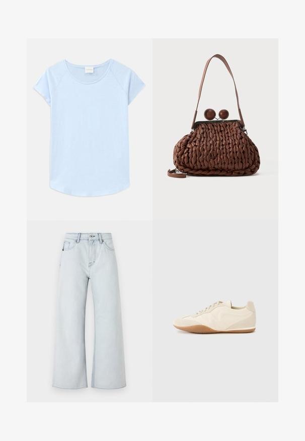 Hellblaues Kurzarm-T-Shirt mit rundem Halsausschnitt, lockerer Passform und abgerundetem Saum. Hergestellt aus weichem Stoff mit glatter Textur.; Helle Jeans in weit geschnittenem Design, aus Denim gefertigt. Eigenschaften umfassen einen Five-Pocket-Stil, Gürtelschlaufen und einen Knopfverschluss.; Hellbeige Sneaker mit strukturiertem Lederupper, strukturierten seitlichen Einsätzen und einer Gummisohle. Verfügt über ein schlankes, stromlinienförmiges Design und flache Schnürsenkel.; Braune gewebte Lederhandtasche mit einem einzelnen Trageriemen und zwei großen runden Holzverschlüssen oben.