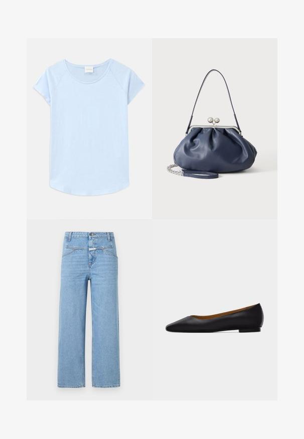 Hellblaues Kurzarm-T-Shirt mit rundem Halsausschnitt, lockerer Passform und abgerundetem Saum. Hergestellt aus weichem Stoff mit glatter Textur.; CLOSED STOVER - Jeans Relaxed Fit - light blue; Schwarzer flacher Schuh aus Leder mit spitz zulaufender Vorderkappe, niedrigem Absatz und glatter Oberfläche, von der Seite vor einem hellgrauen Hintergrund dargestellt.; Weiche navyblaue Ledertasche mit silberner Verschlussklammer, einem einzelnen Schulterriemen und abnehmbarem Ketten-Handgelenksriemen auf weißem Hintergrund.