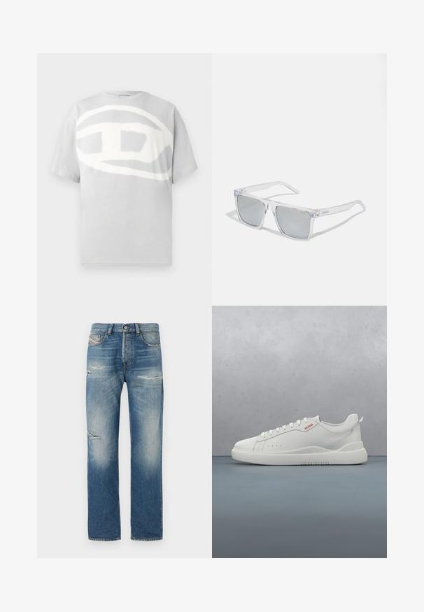 Grijze katoenen t-shirt met een groot, abstract wit logo ontwerp op de voorkant. Korte mouwen en een ronde hals. Gladde textuur.; Lichtblauwe denim jeans met een rechte snit, voorzien van versleten plekken en vervaging. Standaard vijf-pocket ontwerp met een knoopsluiting.; Witte sneaker met een gladde leren afwerking, ronde neus, vier veterogen, subtiele perforaties en een rood logo detail aan de zijkant.; HUGO Zonnebril - crystal