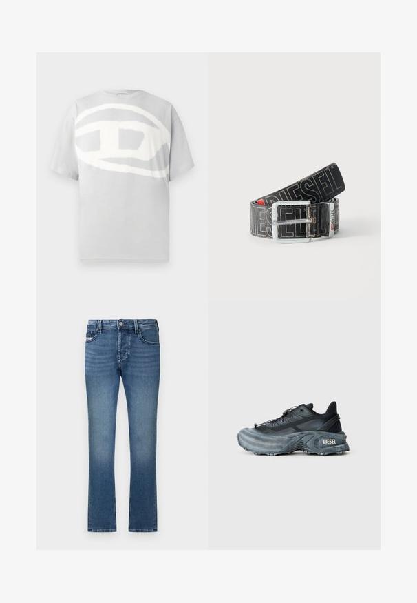 Γκρι βαμβακερό t-shirt με μεγάλο, αφηρημένο λευκό λογότυπο στην μπροστινή πλευρά. Κοντά μανίκια και στρογγυλή λαιμόκοψη. Απαλή υφή.; Μπλε τζιν παντελόνι από ντένιμ με ίσια γραμμή, σχεδιασμό με πέντε τσέπες και ξεθωριασμένο φινίρισμα. Διαθέτει ζώνη με θηλιές και μεταλλικό κουμπί κλεισίματος.; Μαύρο και γκρι sneaker Diesel με παχιά σόλα, σύρμα κορδονιού και υφή σε απλό ανοιχτό γκρι φόντο.; Μαύρη ζώνη Diesel με μεγάλο λευκό λογότυπο, ορθογώνια ασημένια αγκράφα και μεταλλική λεπτομέρεια με χαρακτηριστικό σήμα, τυλιγμένη σε ανοιχτό φόντο.