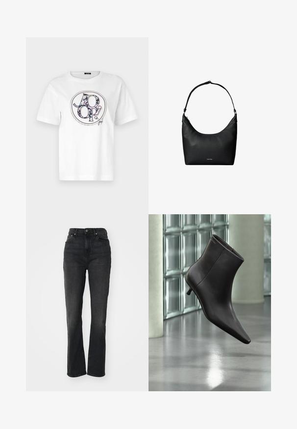 T-shirt en coton blanc avec un motif rond comportant le texte noir "JOOP!" et des motifs floraux en bleu, rose et blanc. Manches courtes, col rond.; Jeans en denim noir taille haute avec jambes droites, design à cinq poches, fermeture à bouton à l'avant et détails de couture minimaux.; Bottine en cuir noir avec bout pointu et petit talon, présentée devant un mur en blocs de verre et un sol poli.; Sac à bandoulière en cuir noir texturé avec une sangle unique et un petit logo Calvin Klein au centre avant.