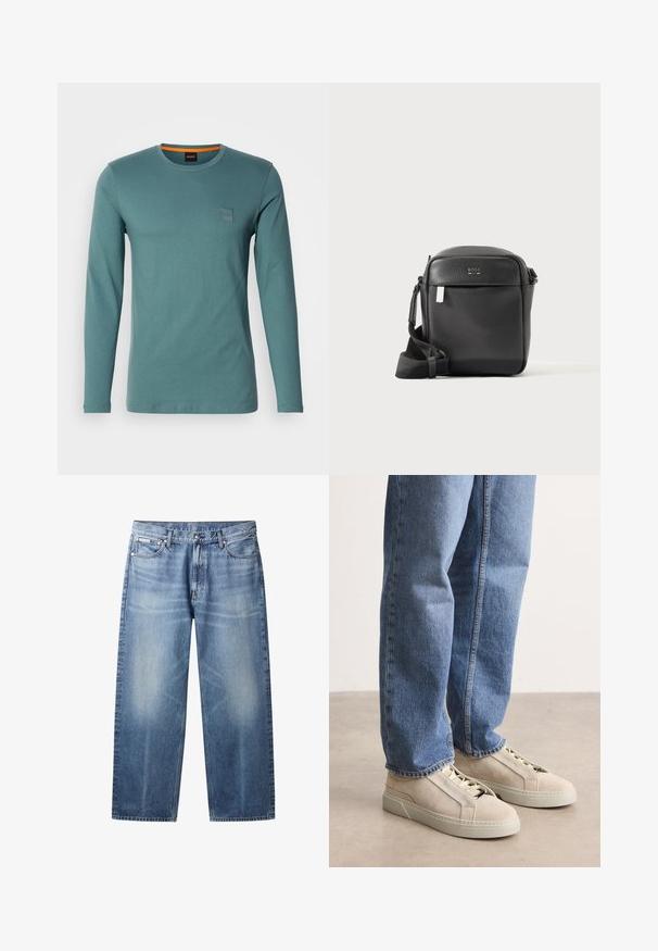 Langærmet, rundhalset skjorte i teal. Fremstillet af blødt bomuld og har en lille firkantet logo-patch i øverste venstre hjørne. Glat tekstur, afslappet design.; Lyseblå jeans med lige ben, falmede områder, fem lommer, knaplukning og Calvin Klein-mærke på højre forlommer.; BOSS GARYTENN_SDHDEL - Sneakers - natural ten; Sort tekstureret læder crossbody taske med frontlomme og justerbar rem, vist på en ensartet lys baggrund.