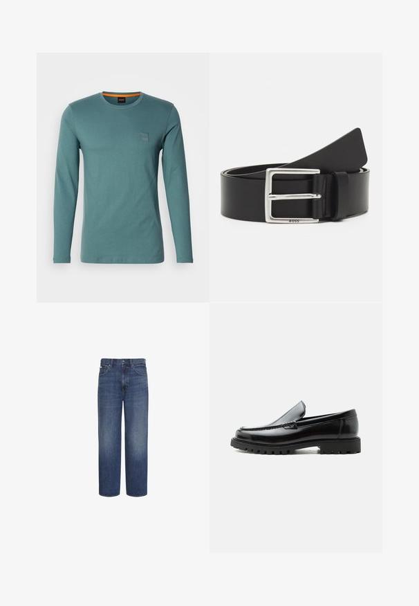 Langermige, ronde hals T-shirt in teal. Gemaakt van zachte katoen, met een klein vierkant logo-embleem aan de bovenlinkerkant. Glad oppervlak, casual ontwerp.; Blauwe jeans met hoge taille en rechte pijpen, met knoop en rits aan de voorkant, riemlussen en voor- en achterzakken.; Zwarte leren loafer met dikke rubberen zool, gestikte bovenkant en gegraveerde merknaam op de hiel, zijaanzicht op witte achtergrond.; Zwarte leren riem met een rechthoekige zilveren gesp, met subtiele branding en een gladde textuur. De uiteinden lopen taps toe naar een afgeronde finish.