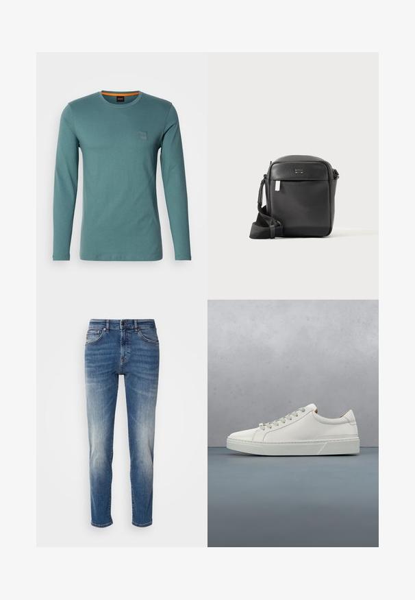 Langermige, ronde hals T-shirt in teal. Gemaakt van zachte katoen, met een klein vierkant logo-embleem aan de bovenlinkerkant. Glad oppervlak, casual ontwerp.; Blauwe denim jeans met een recht model, lichte vervaging, klassieke vijf-pocketstijl en een ritssluiting met knoopsluiting.; Witte leren sneaker met een ronde neus, minimalistisch ontwerp, grijze veters en een gestructureerde grijze rubberen zool. Fijne stikdetails zichtbaar.; Zwarte getextureerde leren crossbodytas met voorvak en verstelbare schouderriem, getoond op een effen lichte achtergrond.