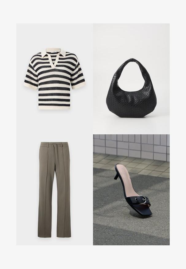 Jersey de punto de manga corta con rayas horizontales en blanco y negro y cuello en V sobre un fondo liso.; Pantalones caqui con un diseño de pierna recta, cintura con cordón y dos pliegues frontales. Fabricados con una tela suave y texturizada.; Sandalia mule negra con tacón, punta cuadrada, hebilla plateada en la correa, colocada sobre asfalto cerca de una pared con azulejos.; Bolso de mano tejido en negro con un asa curvada, que presenta una superficie texturizada y una forma holgada. Acabado suave con una silueta orgánica.