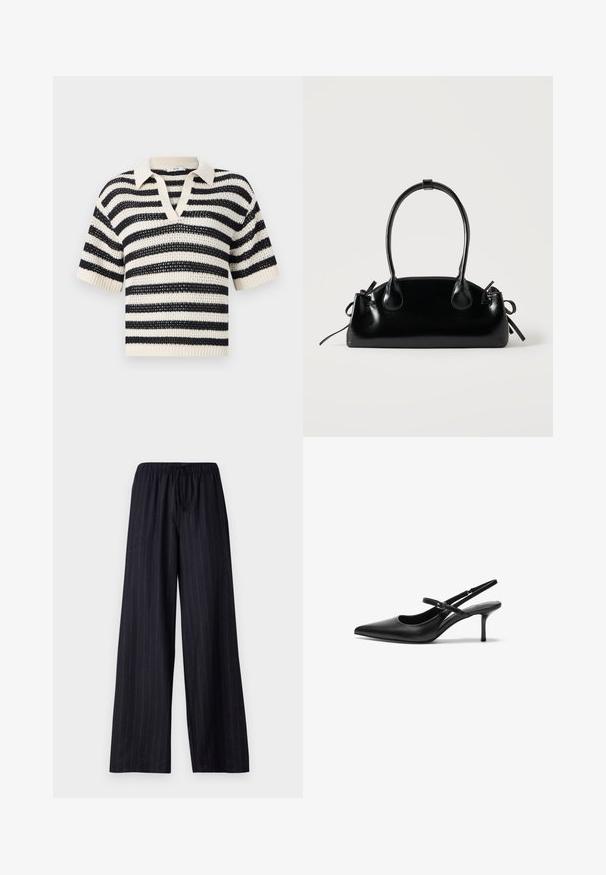 Jersey de punto de manga corta con rayas horizontales en blanco y negro y cuello en V sobre un fondo liso.; Pantalones de pierna ancha a rayas negras con cintura elástica y cordón. Fabricados en una tela suave sin cierres visibles ni bolsillos.; Zapatos de tacón slingback de cuero negro con punta afilada, correa ajustable delgada y un tacón de aguja de aproximadamente 5 cm, textura suave.; Pequeño bolso negro brillante con dos asas largas y detalles de cordón lateral sobre un fondo claro liso.