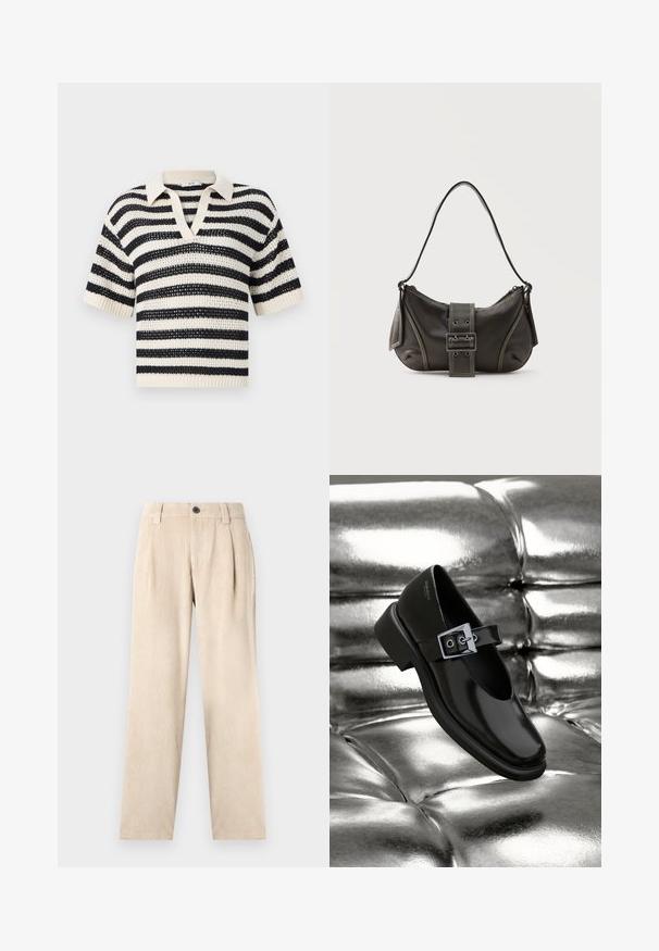 Pull en maille à manches courtes avec des rayures horizontales noires et blanches et un col en V sur fond uni.; Pantalons en velours côtelé beige, à jambes droites, avec passants de ceinture, plis à l'avant, poches et fermeture à bouton noir à la taille.; Chaussure Mary Jane en cuir noir avec un bout carré, un accent de boucle en argent et un talon bas épais, sur un fond argenté brillant.; Sac à épaule en cuir noir avec une sangle à boucle, des bords arrondis et des coutures blanches contrastées sur un fond uni.