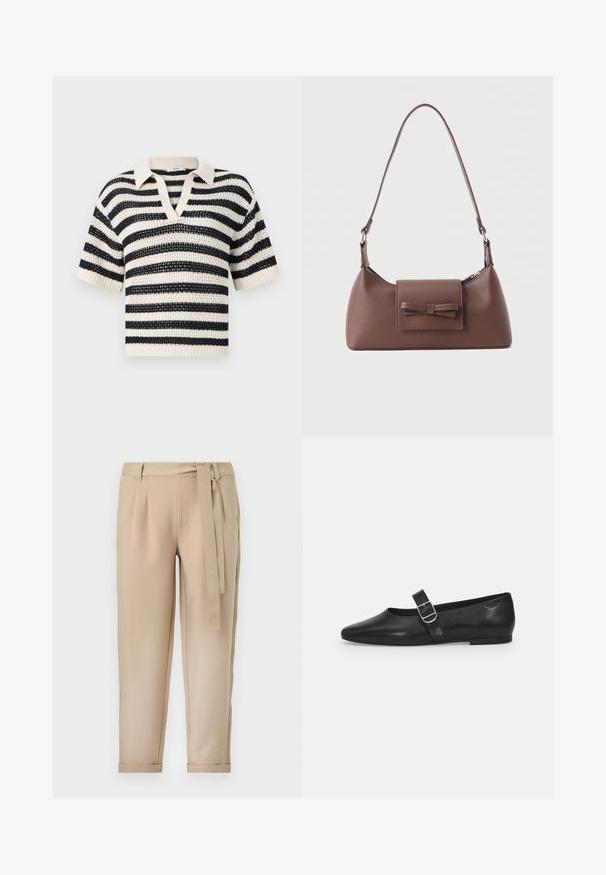 Pull en maille à manches courtes avec des rayures horizontales noires et blanches et un col en V sur fond uni.; Pantalons beiges avec une taille ajustée, des plis et une ceinture assortie. Jambes fuselées avec des ourlets côtelés, fabriqués à partir d'un matériau lisse.; Chaussure plate en cuir noir avec un bout arrondi, une seule sangle réglable à boucle et une texture lisse et brillante. Design minimaliste avec un petit talon.; Sac à bandoulière en cuir marron avec une poche à rabat avant ornée d'un détail en forme de nœud cousu et une sangle réglable.