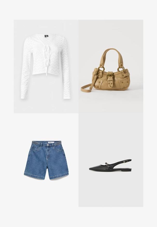 Witte cropped top met lange mouwen, oogjes zigzagpatroon en striksluiting aan de voorkant, V-hals en aansluitende pasvorm.; Blauwe denim shorts met voorzakken en muntzakje, metalen knoopsluiting, riemlussen en decoratieve kettingdetail langs de tailleband.; Zwarte leren slingback schoenen met een spitse neus, voorzien van een smalle band en een zilveren gesp aan de zijkant. Platte zool.; Beige leren handtas met dubbele handvatten, messing gesps en klinknagel details, en een verstelbare schouderriem tegen een witte achtergrond.