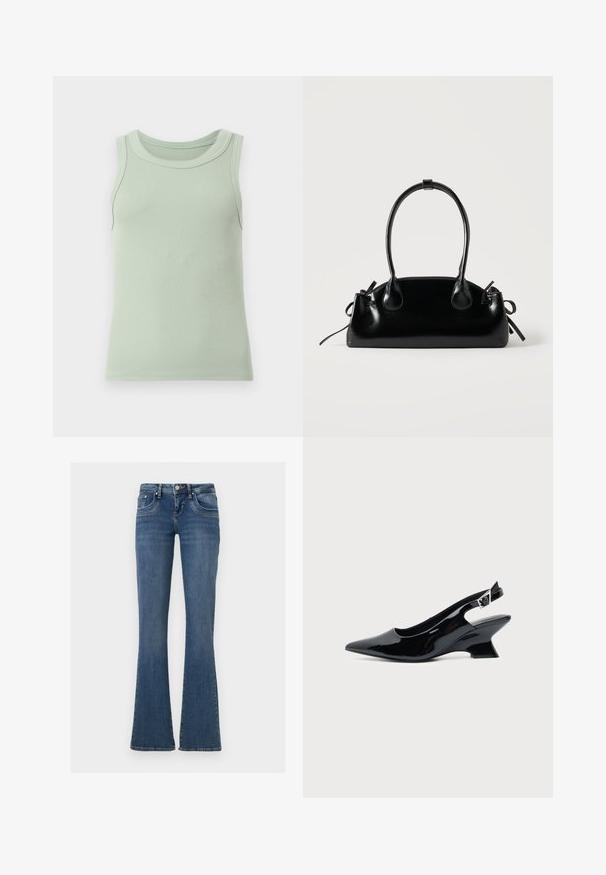 Débardeur côtelé vert clair sans manches avec un col rond, présenté sur un fond blanc uni.; Jean denim bleu à taille mi-haute, style cinq poches, fermeture par bouton et zip, avec jambes évasées sur un fond blanc uni.; Chaussure slingback en cuir verni noir avec bout pointu et petit talon bloc incliné sur fond clair uni.; Petit sac à main noir brillant avec deux longues anses et des détails à cordon sur les côtés sur un fond clair uni.