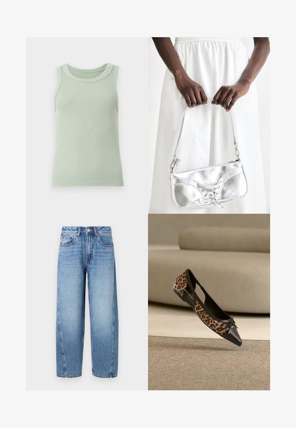 Débardeur côtelé vert clair sans manches avec un col rond, présenté sur un fond blanc uni.; Jean droit en denim bleu clair avec taille haute, fermeture à boutons et poches avant et poche monnaie.; Chaussure plate avec côtés imprimé léopard, bout pointu noir et petit détail de nœud, présentée sur un fond de canapé beige et tapis.; Sac à main en métal argenté avec un détail à lacets, arborant un design épuré et une courte sangle. Le sac est tenu dans les mains, mettant en valeur sa texture.