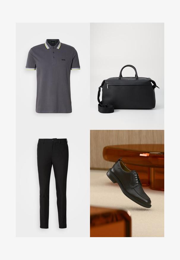 Grau-Poloshirt aus Baumwolle mit einer Knopfleiste mit drei Knöpfen, ausgestattet mit kontrastierenden gelben und weißen Streifenakzenten am Kragen und den Ärmeln.; Schwarze Hosen mit Slim-Fit, ausgestattet mit einem Knopfverschluss, einem Reißverschluss und zwei frontalen Taschen. Glattes Material mit matter Oberfläche.; Schwarzer Leder-Schnürschuh mit texturierter Vorderseite, schwebend über beigem Teppich in einem modernen Raum mit bernsteinfarbenen Möbeln.; Schwarze Leder-Reisetasche mit zwei Oberhandgriffen, einem abnehmbaren Schultergurt und einer Reißverschlusstasche auf der Vorderseite für zusätzlichen Stauraum.