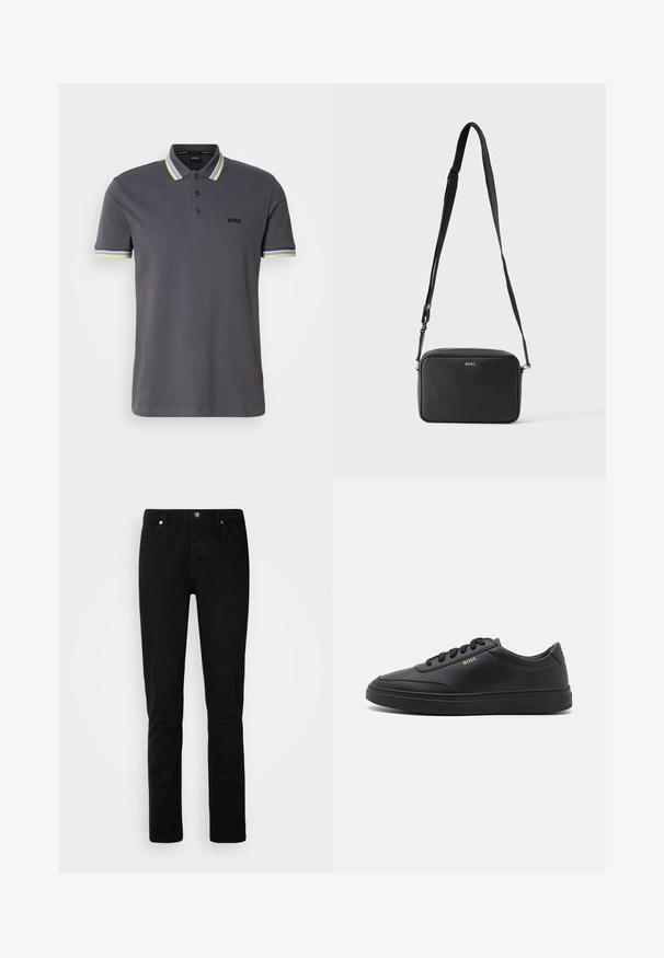 Grå polo skjorte lavet af bomuld med en tre-knaps lukning, der har kontrasterende gule og hvide stribede accenter på kraven og ærmerne.; Sorte denimbukser med slim fit, der har lynlås og fem-pocket design. Glat tekstur og solid syning.; Sorte lædersneakers med en glat overflade, rund tå, flad gummisål og tonede snørebånd. Udstyret med guld "BOSS" branding på siden.; Sort rektangulær crossbody taske med justerbar rem og BOSS-logo foran, sat mod en ensfarvet lys baggrund.