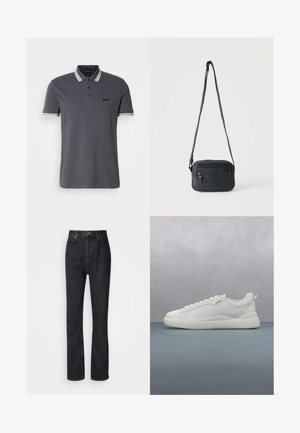 Grau-Poloshirt aus Baumwolle mit einer Knopfleiste mit drei Knöpfen, ausgestattet mit kontrastierenden gelben und weißen Streifenakzenten am Kragen und den Ärmeln.; Hochtaillierte schwarze Jeans aus Denim mit Knopf- und Reißverschluss, Vorder- und Hintertaschen sowie einer geraden Passform.; Weiße Sneaker aus glattem Leder, runde Spitze, vier Ösen, dezente Perforationen und ein rotes Logodetail an der Seite.; Schwarze Umhängetasche mit vorderer Reißverschlusstasche, strukturierter Oberfläche und verstellbarem Riemen, die vor einem schlichten hellen Hintergrund hängt.