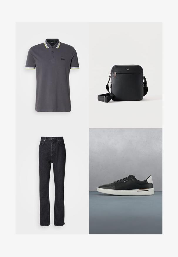 Grau-Poloshirt aus Baumwolle mit einer Knopfleiste mit drei Knöpfen, ausgestattet mit kontrastierenden gelben und weißen Streifenakzenten am Kragen und den Ärmeln.; Hochtaillierte schwarze Jeans aus Denim mit Knopf- und Reißverschluss, Vorder- und Hintertaschen sowie einer geraden Passform.; Schwarze Ledersneaker mit weißer Sohle, ausgestattet mit Perforationen, Schnürdesign, Logo an der Seite und kontrastierenden Fersendetails in Weiß und Braun.; Schwarze Leder-Umhängetasche mit vorderer Reißverschlusstasche und verstellbarem Riemen auf weißem einfarbigem Hintergrund.