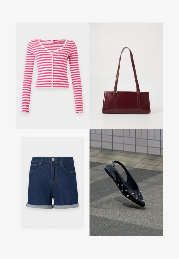 Cardigan court à manches longues rayé horizontalement rose et blanc, avec fermeture boutonnée devant et encolure arrondie sur fond uni.; Short en denim bleu foncé avec ourlets pliés, fermeture à boutons et zip à l'avant, et poches avant sur fond uni.; Chaussure slingback noire à bout pointu avec des clous argentés, flottant au-dessus d'un bitume près d'un mur carrelé en arrière-plan.; Sac à main bordeaux en matériau brillant, de forme rectangulaire, avec deux anses et des accents légèrement courbés à l'avant.