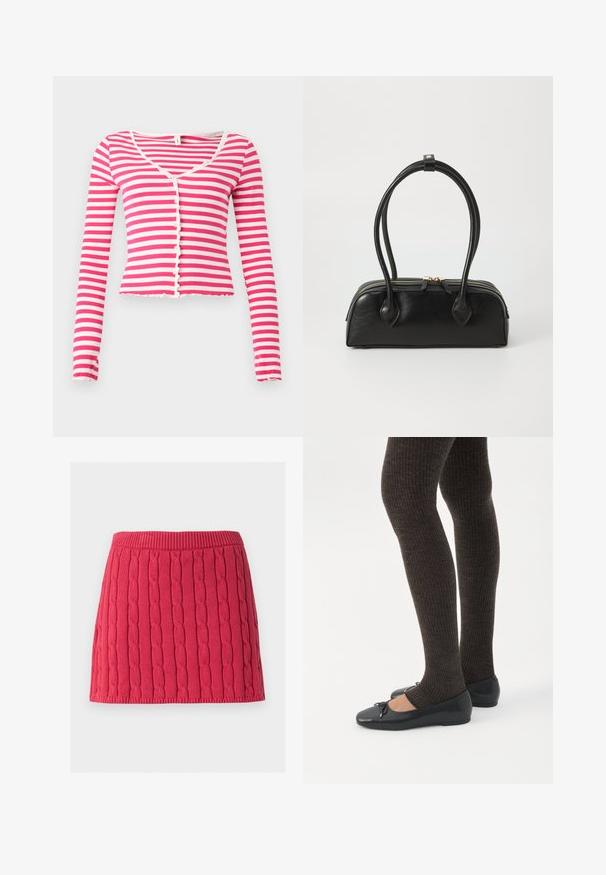 Cardigan court à manches longues rayé horizontalement rose et blanc, avec fermeture boutonnée devant et encolure arrondie sur fond uni.; Mini-jupe rouge tricotée avec motif torsadé vertical et taille et ourlet côtelés sur fond blanc.; Jambes portant des leggings côtelés foncés associés à des ballerines noires avec de petits détails en nœud sur fond blanc.; Sac à main en cuir noir avec deux anses allongées, fermeture éclair et forme arrondie ; texture lisse avec une finition légèrement brillante.
