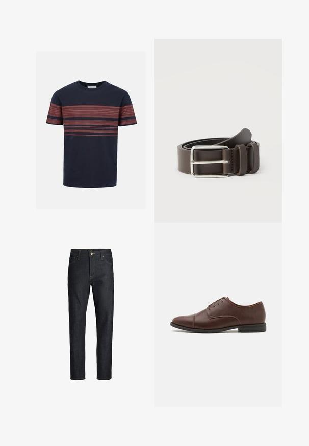 T-shirt bleu marine à manches courtes avec fines rayures rouges horizontales sur la poitrine et les manches, col rond.; Jean slim bleu foncé avec cinq poches, bouton en cuivre et couture jaune, présenté sur fond blanc.; Chaussure habillée en cuir marron à lacets avec un bout arrondi élégant, des détails de couture subtils et un petit talon en caoutchouc noir.; Ceinture en cuir marron avec une boucle en métal argenté, présentant une texture lisse et un design simple. Comprend une boucle pour l'ajustement et la fixation.