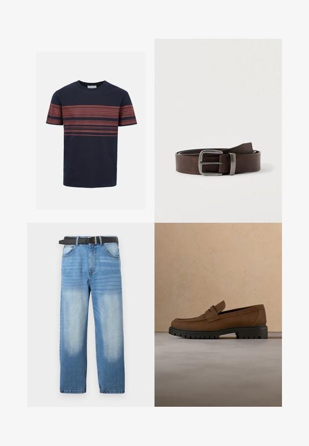 T-shirt bleu marine à manches courtes avec fines rayures rouges horizontales sur la poitrine et les manches, col rond.; Jean en denim bleu clair avec une coupe droite, doté d'une ceinture noire, avec des zones décolorées et une texture diagonale subtile sur la partie supérieure.; Mocassin en cuir marron foncé avec semelle épaisse en caoutchouc noir présenté au-dessus d’un tapis beige et d’un canapé en arrière-plan.; Ceinture en cuir marron foncé avec une boucle rectangulaire en argent, enroulée et placée sur un fond clair et neutre.