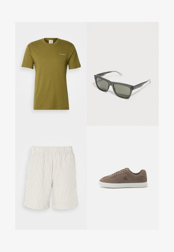 Camiseta de algodón verde oliva con mangas cortas, escote redondeado y un pequeño logo blanco de Calvin Klein en el lado izquierdo del pecho.; Pantalones cortos a rayas con un tejido ligero y transpirable. Color blanco sucio con finas rayas verticales en gris. Cintura elástica.; Zapatilla baja de ante color topo con cordones beige, suela de goma blanca y sutil logotipo "cK" en el lateral.; Gafas de sol rectangulares con un tinte verde oscuro, montura transparente marrón y detalles metálicos plateados en las patillas.