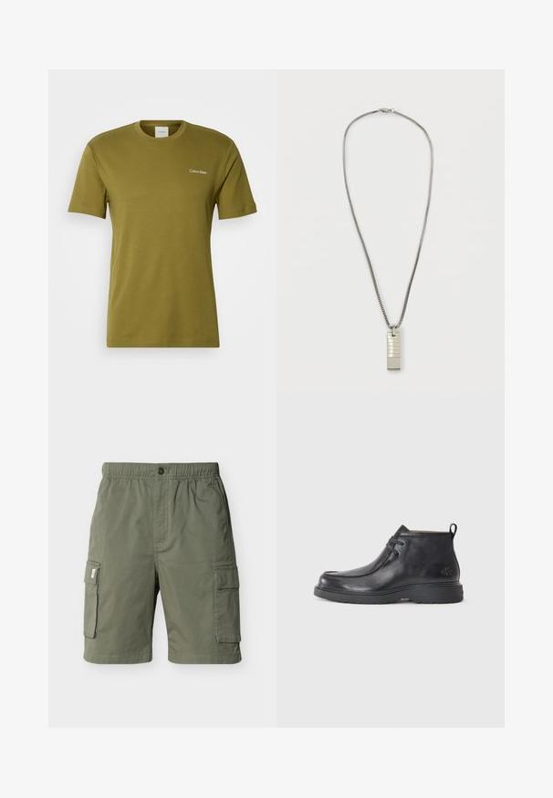 Camiseta de algodón verde oliva con mangas cortas, escote redondeado y un pequeño logo blanco de Calvin Klein en el lado izquierdo del pecho.; Pantalones cortos cargo de color verde oliva con cintura elástica, cierre de botón, dos bolsillos laterales con solapa y bolsillos en la costura lateral, mostrados sobre fondo blanco.; Botas de cuero negras hasta el tobillo con punta redondeada, diseño con cordones y una lengüeta en la parte trasera. Parte superior texturizada y suela de goma.; Collar de cadena de plata que presenta un pendant rectangular con líneas texturizadas. El pendant está asegurado con un lazo; la cadena tiene un diseño suave y flexible.