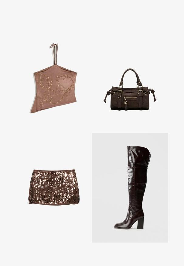 Haut asymétrique marron à col licou avec fines bretelles, décoré de motifs tourbillonnants composés de petits clous ronds dorés.; Mini-jupe brune courte recouverte de sequins brillants et munie d'un cordon à la taille, présentée sur fond blanc.; Bottes en cuir bordeaux glacé montant jusqu'au genou, avec un bout carré et un talon bloc, présentant un design ample et des détails de couture minimalistes.; Sac à main en cuir marron foncé avec double poignée, poche avant zippée, boucles décoratives et nœuds latéraux sur fond blanc.