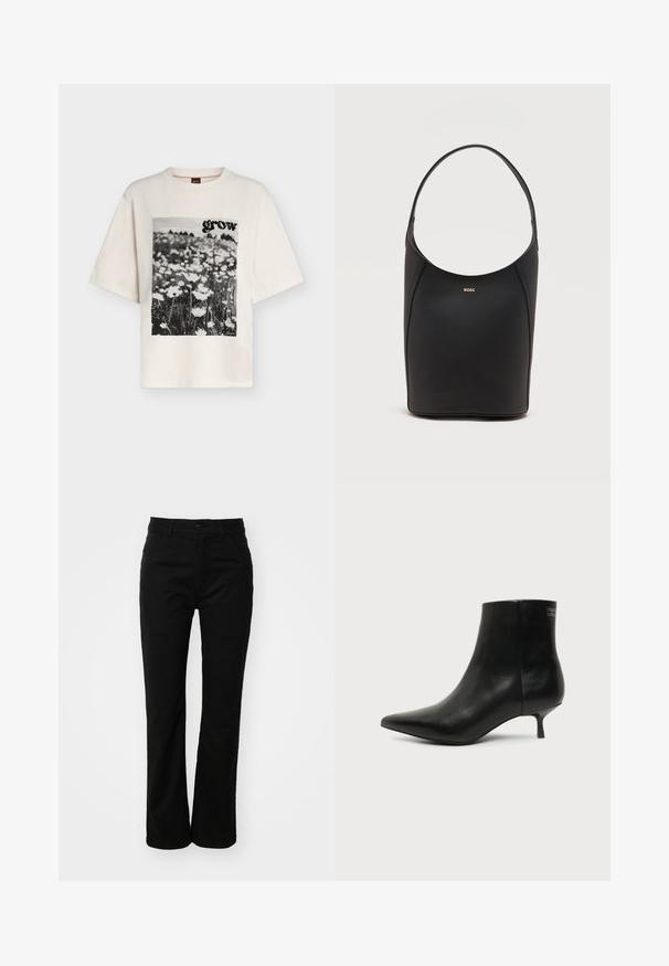 T-shirt écru à manches courtes avec une photo en noir et blanc de fleurs et le mot « grow » imprimé sur le devant.; Pantalons en coton noirs avec une coupe droite, dotés d'une fermeture à bouton à l'avant, de passants de ceinture et de deux poches latérales. Texture lisse.; Bottine en cuir noir avec bout pointu et petit talon kitten sur fond clair, vue côté extérieur.; Sac seau en cuir noir avec une seule bandoulière et un petit logo BOSS doré centré près du haut à l'avant.