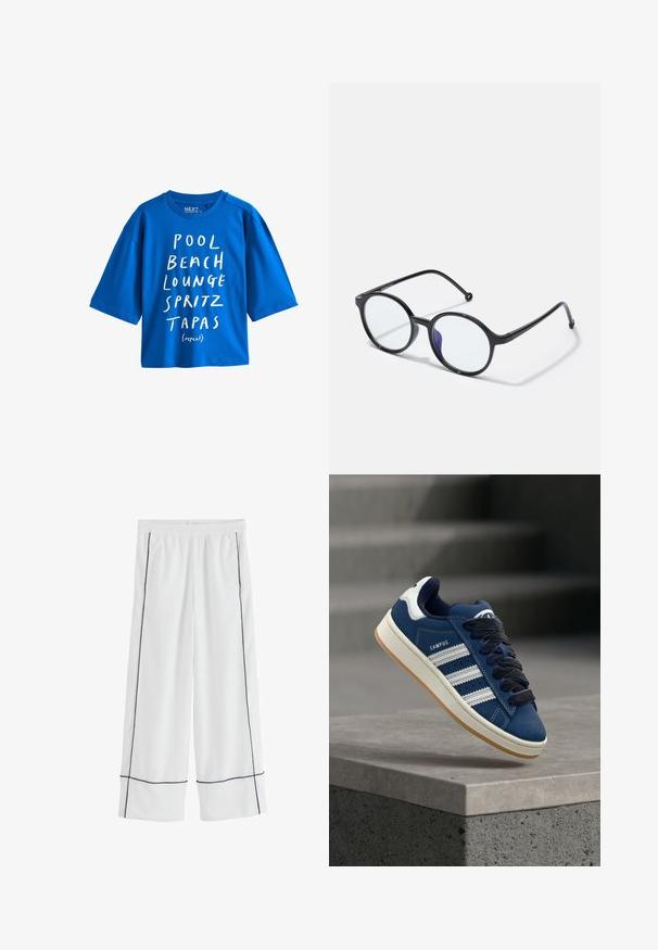 Modré tričko s krátkym rukávom s bielym textom, ktorý vymenúva bazén, pláž, salónik, spritz, tapas a opakovanie.; Biele nohavice s širokými nohavicami, elastickým pásom a kontrastným čiernym lemovaním pozdĺž bočných švov a blízko lemu.; Modrá teniska s bielymi pruhmi a čiernymi šnúrkami, označená nápisom "CAMPUS", vznášajúca sa nad sivým betónovým zábradlím s rozmazanými schodmi v pozadí.; Kruhové čierne okuliare s tenkými rámčekmi, čírymi šošovkami a jemným purpurovým odtieňom na jednej strane; elegantný dizajn s lesklým povrchom.