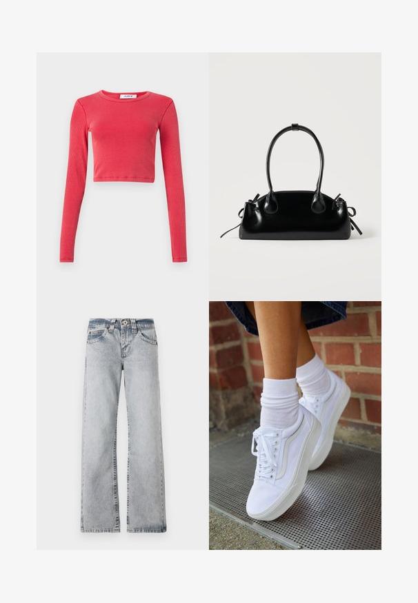 Langærmet, cropped top i ribbet tekstur med rund halsudskæring. Farve: livlig rød. Indeholder et label ved halsen med "JJXX."; Lyseblå denimjeans med vid benlængde. Standard talje, fem lomme-stil og synlige syninger langs sømmene.; Hvide lærreds sneakers med gummisåler, der har seks snørehuller, rund tå og let sømdetaljer, krydret med hvide ankelstrømper.; Lille sort blank håndtaske med to lange håndtag og snøre-detaljer i siden på en ensfarvet lys baggrund.