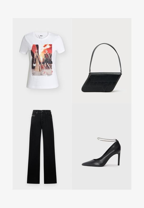 Λευκό t-shirt DKNY με δύο στιλιζαρισμένες γυναίκες που περπατούν σε μια αστική περιοχή με ψηλά κτίρια και πορτοκαλί ουρανό στο ηλιοβασίλεμα.; Μαύρο τζιν με φαρδιά μπατζάκια από denim, με φαρδιά κλείσιμο με κουμπιά στο μπροστινό μέρος, πέντε τσέπες και μικρό λογότυπο στο ύψος της μέσης.; Μαύρο δερμάτινο ψηλοτάκουνο παπούτσι με μυτερή μύτη, που διαθέτει λεπτό αλυσίδα αστραγάλου σε ασημί χρώμα και κομψή, λεία υφή.; Μαύρη δερμάτινη τσάντα ώμου με τριγωνικό σχήμα, ανάγλυφο λογότυπο και έναν ρυθμιζόμενο ιμάντα. Μινιμαλιστικός σχεδιασμός με λεία υφή.