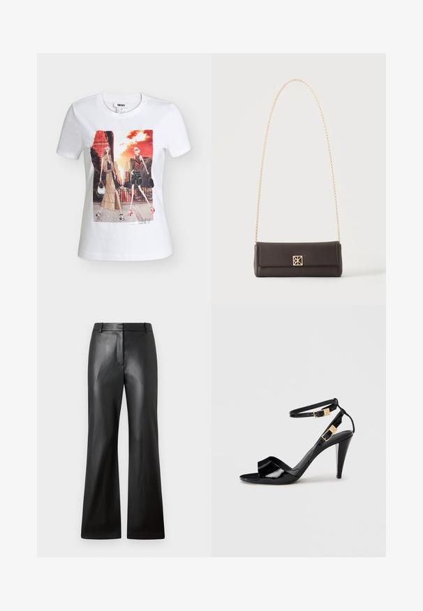 Λευκό t-shirt DKNY με δύο στιλιζαρισμένες γυναίκες που περπατούν σε μια αστική περιοχή με ψηλά κτίρια και πορτοκαλί ουρανό στο ηλιοβασίλεμα.; Μαύρο δερμάτινο παντελόνι με λεία υφή, φαρδύ σχέδιο και μέση μεσαίου ύψους που διαθέτει θηλιές ζώνης και μπροστινές τσέπες.; Μαύρα παπούτσια από πατεντέ δέρμα με ψηλή φτέρνα, διπλές λουριά στον αστράγαλο και χρυσούς αγκράφες, ανοιχτό δάχτυλο και λεπτή, κωνική φτέρνα σε ουδέτερο φόντο.; Ορθογώνια δερμάτινη τσάντα σε σκούρο καφέ με χρυσή αλυσίδα και μικρή τετράγωνη χρυσή αγκράφα στο κέντρο μπροστά.