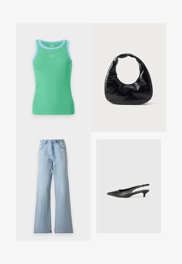 Grøn ribbet tanktop med lyseblå kant og "GAP" logo i lyseblå foran. Ærmeløs design med en tætsiddende form.; Lyseblå, højttaljede denimjeans med vide ben, forlommer, bæltestropper, lynlås og matchende denimbælte.; Sorte spidse slingback-sko lavet af glat læder. Har en tynd hæl og en spænde detalje på den justerbare rem.; Sort faux læder håndtaske med en unik halvmåneform, et bredt, polstret håndtag og en lynlåslukning. Glat, blank tekstur og minimalistisk design.