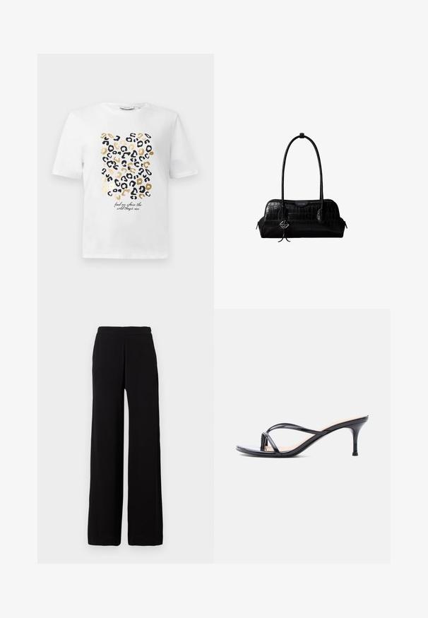 Weißes T-Shirt mit einem Leopardenmuster in Schwarz und Gold, das einen Text enthält, der lautet: "finde mich dort, wo die wilden Dinge sind."; Schwarze Hosen mit weitem Bein aus weichem Stoff und elastischem Bund, mit schlichtem Design ohne sichtbare Muster oder Akzente.; Schwarze Peeptoe-Sandale aus Lackleder mit dünnen, gekreuzten Riemen und einem schlanken, mittelhohen Stilettoabsatz vor weißem Hintergrund.; Schwarze Umhängetasche aus krokodilstrukturiertem Leder mit langen Riemen und einem kleinen silbernen Logocharm an einem Riemen.