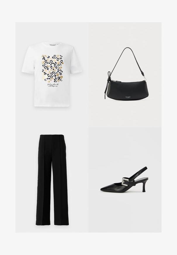 Hvid t-shirt med et leopardprintdesign i sort og guld, der har en tekstdetalje, der siger: "find mig, hvor de vilde ting er."; Sorte højtaljede bukser med vidde og frontfolder, præsenteret mod en ensfarvet hvid baggrund.; Sort lædersko med slingback, spids tå, lille hæl og spænde med rhinsten. Glat tekstur, minimalistisk design.; Sort læderhåndtaske med en buet form, tekstureret overflade og en enkelt rem. Har lynlås og et logo foran.