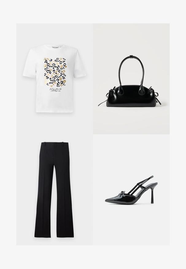 Hvid t-shirt med et leopardprintdesign i sort og guld, der har en tekstdetalje, der siger: "find mig, hvor de vilde ting er."; Sorte slagbukser med en glat overflade, der har en skræddersyet talje, bæltestropper og et enkelt design, der strækker sig til en bred kant.; Sort lakeret læder højhælet slingback-sko med spids tå, tynd hæl og dobbelt remdetalje over vristen.; Lille sort blank håndtaske med to lange håndtag og snøre-detaljer i siden på en ensfarvet lys baggrund.
