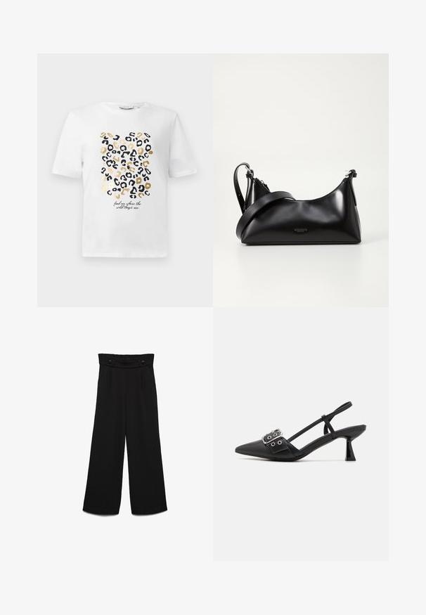 Hvid t-shirt med et leopardprintdesign i sort og guld, der har en tekstdetalje, der siger: "find mig, hvor de vilde ting er."; Sorte bukser med vide ben og høj talje, der har to forreste knapper og en glat tekstur. Lige snit med presninger foran.; Simmi London DALA - Pumps - black; Sort læderhåndtaske med en glat tekstur. Har en justerbar stropp og et enkelt, minimalistisk design med lynlås.