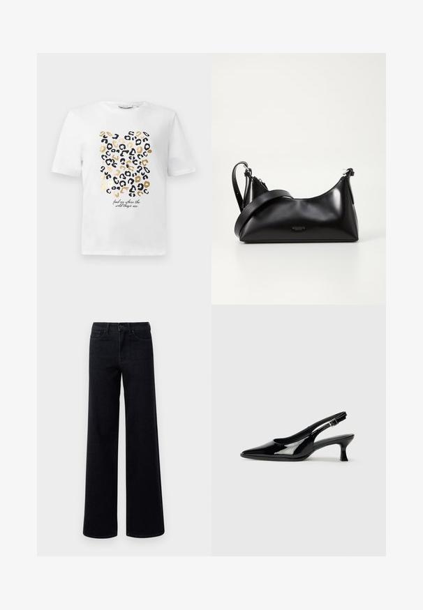Weißes T-Shirt mit einem Leopardenmuster in Schwarz und Gold, das einen Text enthält, der lautet: "finde mich dort, wo die wilden Dinge sind."; Schwarze Denim-Jeans mit weitem Bein und hoher Taille, ausgestattet mit normalen Taschen und einem Knopfverschluss. Glatte Textur mit leichtem Stretch.; Schwarze Lackleder Slingback-Schuhe mit spitzem Zehenbereich und niedrigem Blockabsatz. Verstellbarer Riemen mit Schnalle am Knöchel.; Schwarze lederne Handtasche mit glatter Textur. Verfügt über einen verstellbaren Riemen und ein elegantes, minimalistisches Design mit einem Reißverschluss.