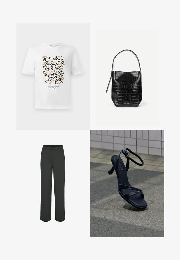 Hvid t-shirt med et leopardprintdesign i sort og guld, der har en tekstdetalje, der siger: "find mig, hvor de vilde ting er."; Mørkegrønne bukser med vidde, lavet af glat stof. Har en talje med bæltestropper, forlommer og lige pasform.; Sort højhælet sandal med stropper og ankelspænde, der svæver over tekstureret gråt fortov med flisebelagt væg i baggrunden.; Sort spandtaske i krokodillepræget læder med enkelt skulderrem og lille sølvfarvet mærkelogo foran nederst i midten.