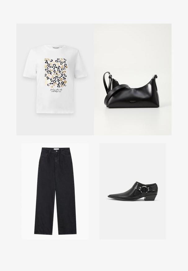 Weißes T-Shirt mit einem Leopardenmuster in Schwarz und Gold, das einen Text enthält, der lautet: "finde mich dort, wo die wilden Dinge sind."; Schwarze hoch geschnittene, weit geschnittene Jeans aus Denim mit Vorderknopf- und Reißverschluss, Gürtelschlaufen und fünf Taschen.; Schwarze Leder-Ankle-Boots mit spitzem Zeh, ausgestattet mit einem vorderen Leder-Riemen und einem silbernen Schnallendetail sowie einem niedrigen Blockabsatz.; Schwarze lederne Handtasche mit glatter Textur. Verfügt über einen verstellbaren Riemen und ein elegantes, minimalistisches Design mit einem Reißverschluss.
