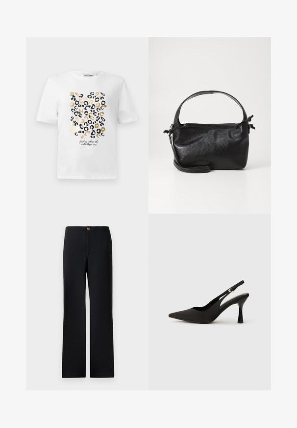 Weißes T-Shirt mit einem Leopardenmuster in Schwarz und Gold, das einen Text enthält, der lautet: "finde mich dort, wo die wilden Dinge sind."; Schwarze Hose mit geradem Bein, ausgestattet mit einem goldenen Knopfverschluss und einem glatten, strukturierten Stoff. Keine sichtbaren Taschen oder Muster.; Schwarze Slingback-Absatzschuhe mit spitzem Zehenbereich, glattem, mattem Finish und schmalem, glanzvollem Absatz. Verstellbarer Riemen mit kleiner Schnallen-Detail.; Schwarze Lederhandtasche mit strukturiertem Design, rundem Haltegriff und abnehmbarem Schulterriemen. Sie weist eine glatte Oberfläche und einen subtilen Glanz auf.