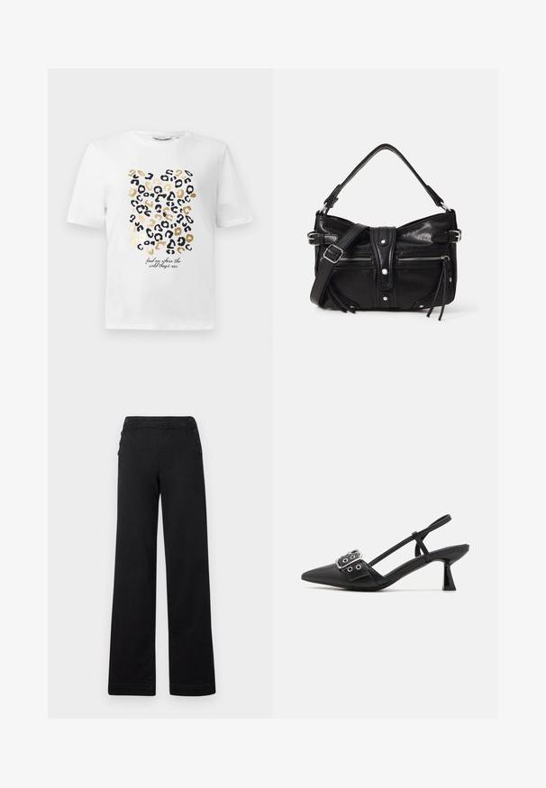 Hvid t-shirt med et leopardprintdesign i sort og guld, der har en tekstdetalje, der siger: "find mig, hvor de vilde ting er."; Sorte brede bukser med høj talje, knapdetaljer på siderne og en glat denimtekstur med en ren finish.; Simmi London DALA - Pumps - black; Even&Odd H24462 - Håndtasker - black