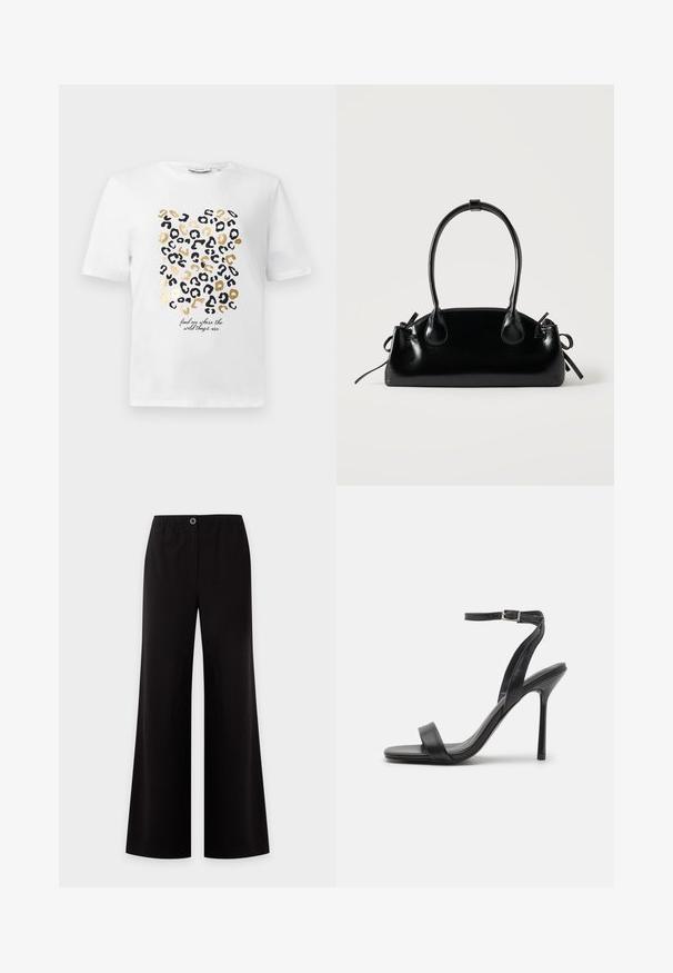 Weißes T-Shirt mit einem Leopardenmuster in Schwarz und Gold, das einen Text enthält, der lautet: "finde mich dort, wo die wilden Dinge sind."; Schwarze Hose mit weitem Bein, elastischem Bund und einem Knopf vorne, dargestellt auf hellem, einfarbigem Hintergrund.; Schwarze High-Heels-Sandalen mit schlankem Knöchelriemen und zwei vorderen Riemen. Aus glattem Leder gefertigt, mit einer eleganten spitzen Zehenform und einem Stiletto-Absatz.; Kleine schwarze glänzende Handtasche mit zwei langen Griffen und seitlichen Kordelzug-Details vor einfachem hellem Hintergrund.