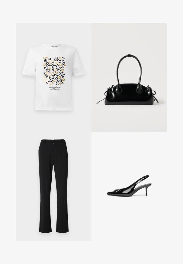Hvid t-shirt med et leopardprintdesign i sort og guld, der har en tekstdetalje, der siger: "find mig, hvor de vilde ting er."; Sort, flagrende bukser med en glat tekstur, der har en flad front, bæltestropper og en lynlås-lukning. Designet til en skræddersyet pasform.; Sorte laklæder slingback hæle med spidse tæer og en blank finish. Har en slank hæl og en rund detalje ved vampen.; Lille sort blank håndtaske med to lange håndtag og snøre-detaljer i siden på en ensfarvet lys baggrund.
