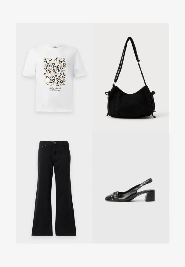 Weißes T-Shirt mit einem Leopardenmuster in Schwarz und Gold, das einen Text enthält, der lautet: "finde mich dort, wo die wilden Dinge sind."; Schwarze hochtaillierte Jeans aus Denim mit fünf Taschen und ausgestellt geschnittenen Beinen, präsentiert vor einem weißen Hintergrund.; Schwarze Leder-Slingback-Pumps mit spitzem Vorderteil, strukturiertem Riemen mit runden metallischen Akzenten und gestapeltem Blockabsatz.; Schwarze Cordtasche mit geschwungener Form, verstellbarem Schultergurt und Kordelzugverschlüssen an beiden Seiten zur Größenanpassung.
